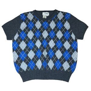 Vintage Casual Connection Lambswool Gray Blue Argyle Sweater Short Sleeve Size L